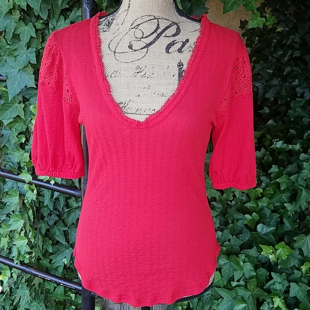 NWT Free People top SZ L Red/lace detail
